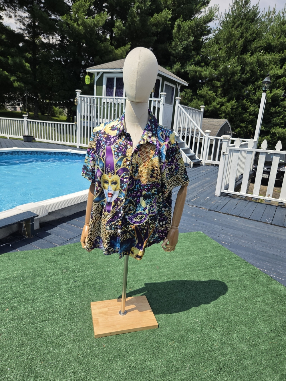Colorful Mardi Gras Mask Print Button-Up Shirt